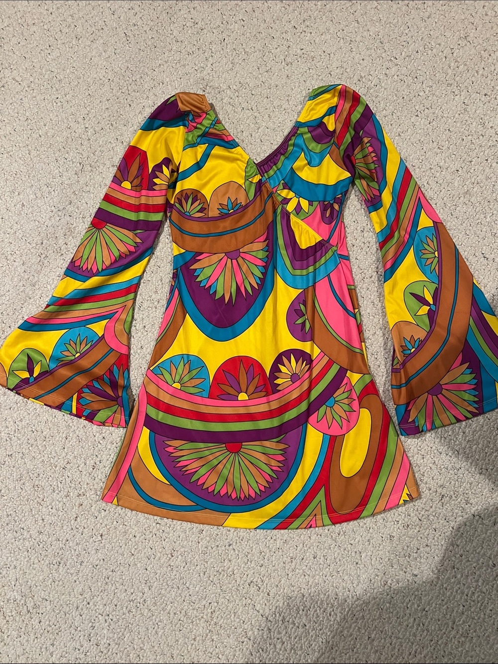 Hippie Vibrant Retro Floral Bell-Sleeve Mini Dress - Multi
